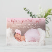 Meisje foto | Modern schrift | Roze strikken geboo Aankondiging (Staand voorkant)