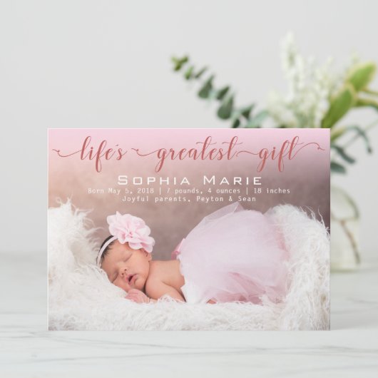 Meisje foto | Modern schrift | Roze strikken geboo Aankondiging (Staand voorkant)