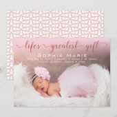 Meisje foto | Modern schrift | Roze strikken geboo Aankondiging (Voorkant / Achterkant)