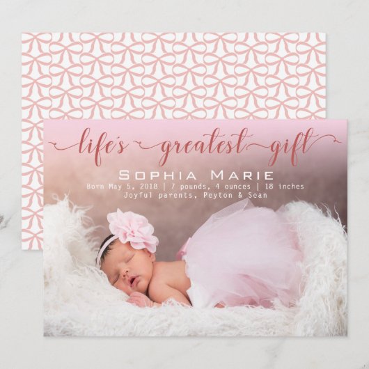 Meisje foto | Modern schrift | Roze strikken geboo Aankondiging (Voorkant / Achterkant)