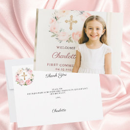 Meisje foto roze bloemen kruis Eerste Communie  Bedankkaart