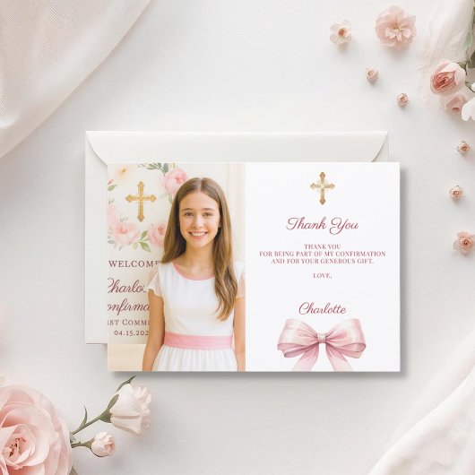 Meisje foto roze strik Bevestiging Bedankkaart
