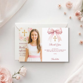 Meisje foto roze strik Bevestiging Bedankkaart