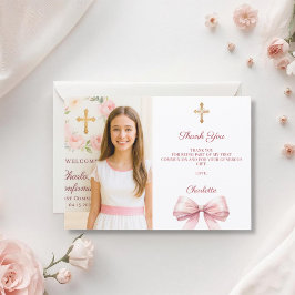 Meisje foto roze strik Eerste Heilige Communie Bedankkaart