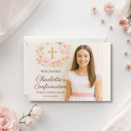 Meisje foto roze strik kruis Bevestiging Bedankkaart