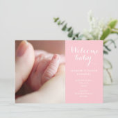 Meisje Foto's Monogram Roze Schrift Geboorte Aankondiging (Staand voorkant)