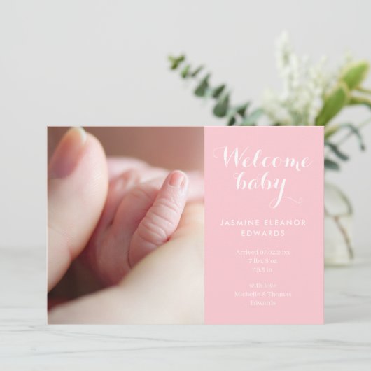 Meisje Foto's Monogram Roze Schrift Geboorte Aankondiging (Staand voorkant)