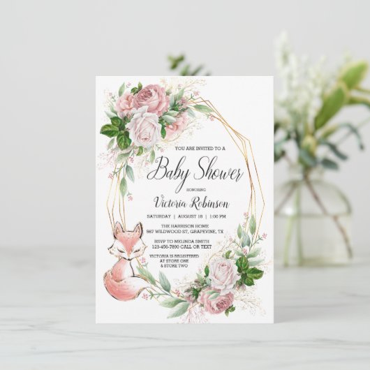 Meisje Fox Waterverf Bloemen Baby shower Kaart (Staand voorkant)
