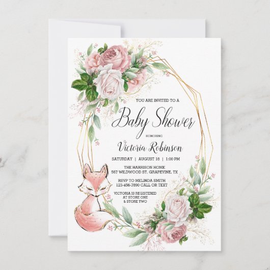 Meisje Fox Waterverf Bloemen Baby shower Kaart (Voorkant)