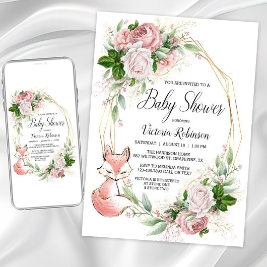 Meisje Fox Waterverf Bloemen Baby shower Kaart