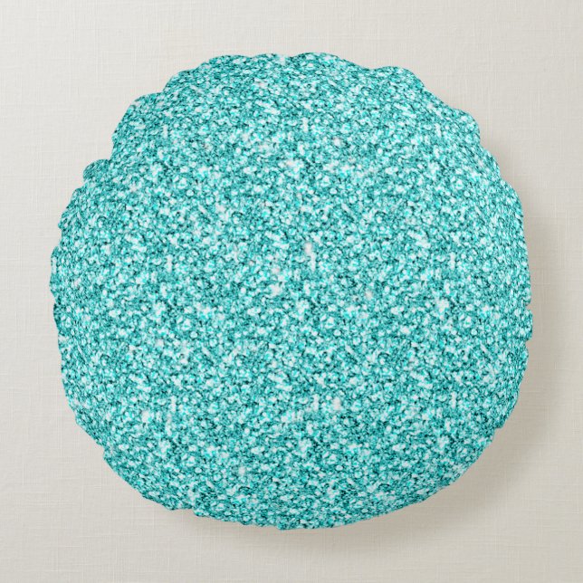 Meisje, Fun Aqua Blue Glitter Gedrukt Rond Kussen (Voorkant)