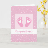 Meisje gefeliciteerd Baby Feet Pink Kaart (Gele Bloem)