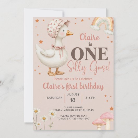 Meisje Gekke Gans 1e eerste verjaardagsuitnodiging Kaart (Voorkant)