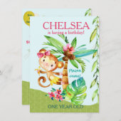 Meisje Gelukkig Aap Blauw Verjaardag Uitnodigen Kaart (Voorkant / Achterkant)