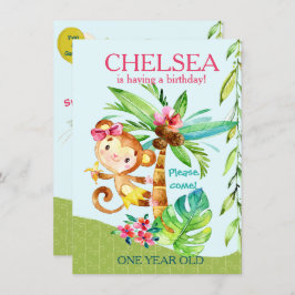 Meisje Gelukkig Aap Blauw Verjaardag Uitnodigen Kaart