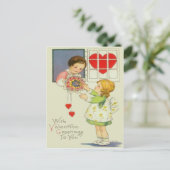  Meisje Geven Boeket van Bloemen Valentijn Feestdagenkaart (Staand voorkant)