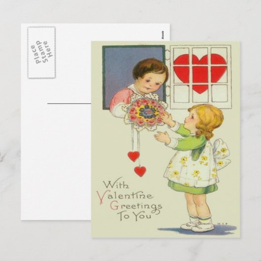  Meisje Geven Boeket van Bloemen Valentijn Feestdagenkaart (Voorkant / Achterkant)