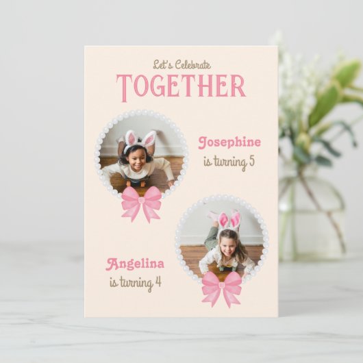 Meisje Gezamenlijke Verjaardag Schattige Roze Bow  Kaart (Staand voorkant)