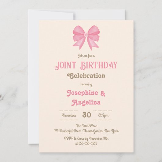 Meisje Gezamenlijke Verjaardag Schattige Roze Bow  Kaart (Achterkant)