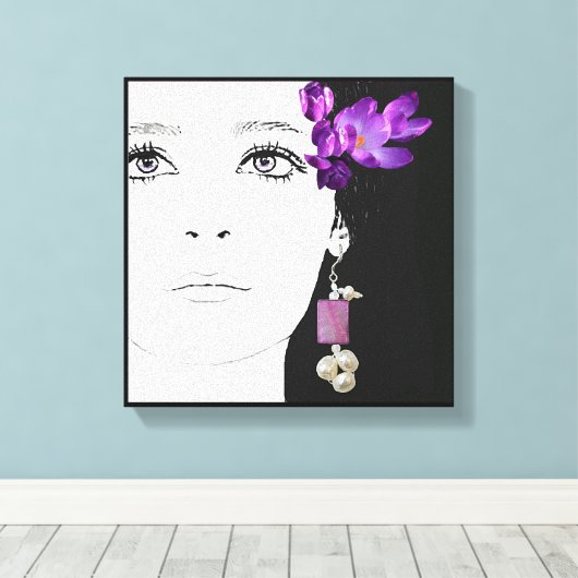 Meisje gezicht  paarse crocus bloemige mode kunst canvas afdruk (Insitu (Houten vloer))