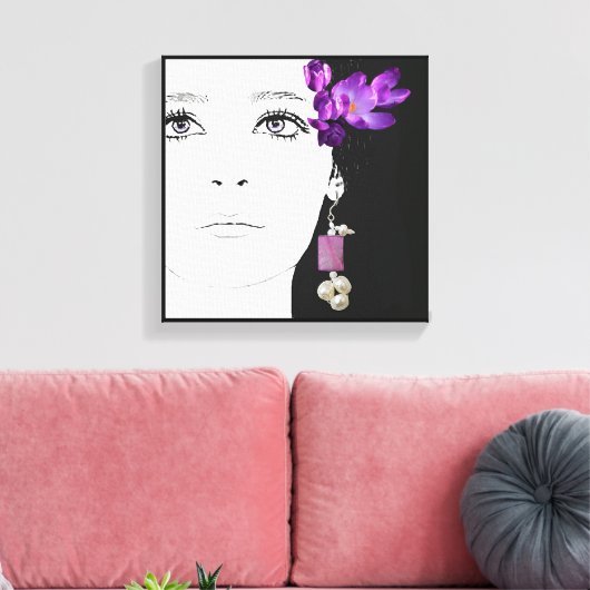 Meisje gezicht  paarse crocus bloemige mode kunst canvas afdruk (Insitu (Woonkamer))