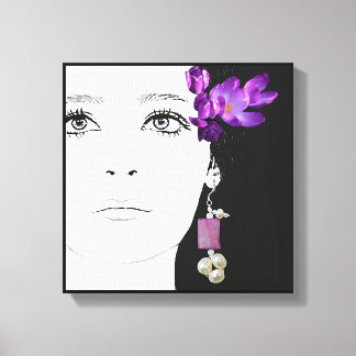 Meisje gezicht paarse crocus bloemige mode kunst canvas afdruk
