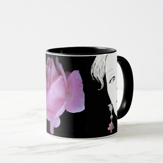 Meisje gezicht  roze roos bloemeneigenzinnige mode mok (Voorkant rechts)