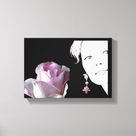 Meisje gezicht  roze roos bloemenkunst mode canvas afdruk