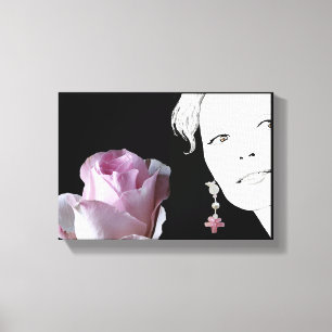 Meisje gezicht roze roos bloemenkunst mode canvas afdruk