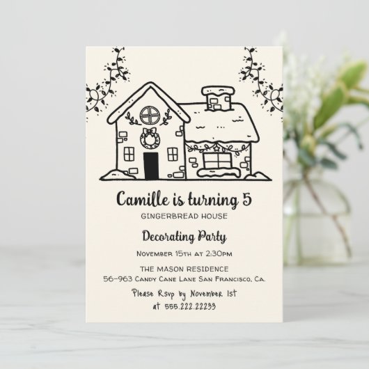 Meisje Gingerbread Huis Decoreren Verjaardagsfeest Kaart (Staand voorkant)