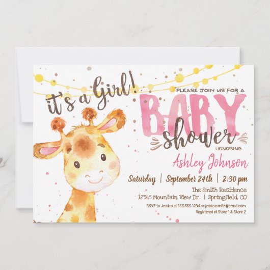 Meisje Giraffe Baby shower uitnodiging (Voorkant)