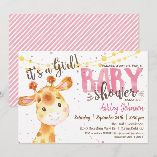 Meisje Giraffe Baby shower uitnodiging (Voorkant / Achterkant)