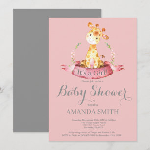 Meisje Giraffe Baby Shower Uitnodiging Roze en Gri