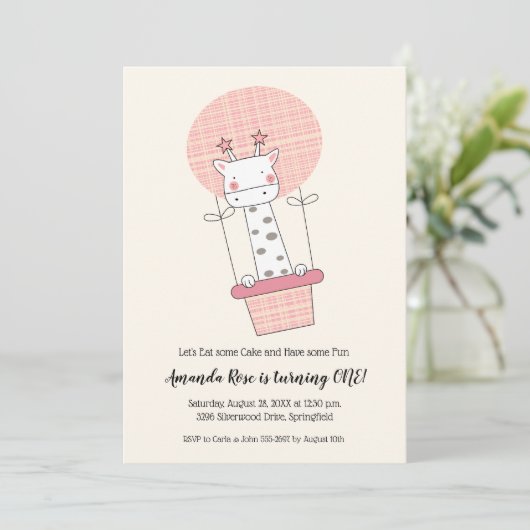 Meisje Giraffe Hete Luchtballon Eerste Verjaardags Kaart (Staand voorkant)