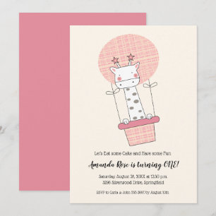 Meisje Giraffe Hete Luchtballon Eerste Verjaardags Kaart