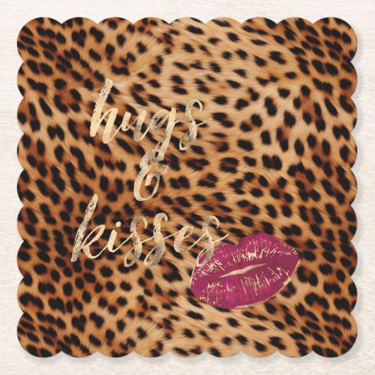 Meisje Glam Leopard Knuffels & Kisses Lippen Kartonnen Onderzetters (Voorkant)