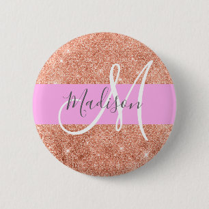 Meisje Glam Pink Peach Gold Glitter Monogram Naam Ronde Button 5,7 Cm