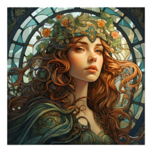 Meisje Glas in lood Art Nouveau Foto Afdruk