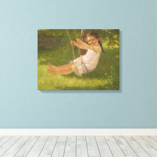 Meisje glimlachen op een zwaai ( kindertijd) canvas afdruk (Insitu (Houten vloer))