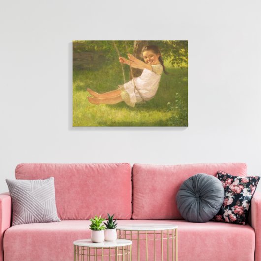 Meisje glimlachen op een zwaai ( kindertijd) canvas afdruk (Insitu (Woonkamer))