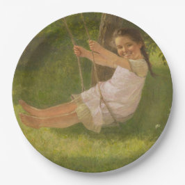 Meisje glimlachen op een zwaai ( kindertijd) papieren bordje