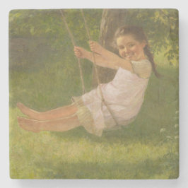 Meisje glimlachen op een zwaai ( kindertijd) stenen onderzetter