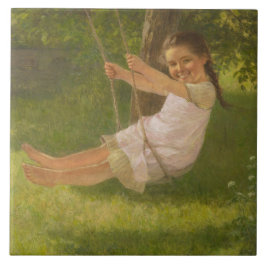 Meisje glimlachen op een zwaai ( kindertijd) tegeltje