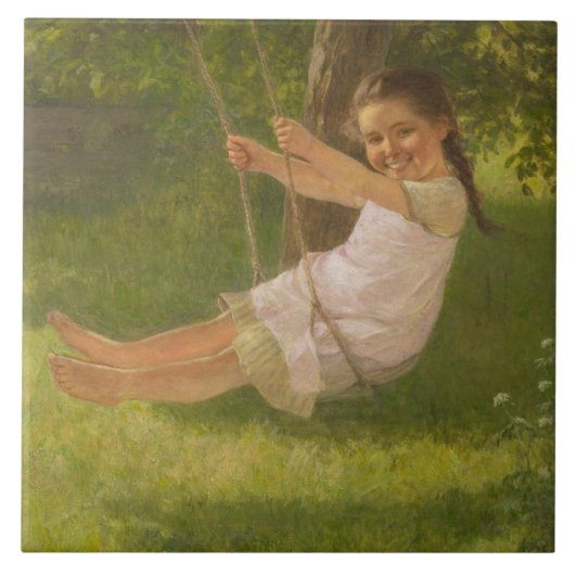 Meisje glimlachen op een zwaai ( kindertijd) tegeltje (Voorkant)