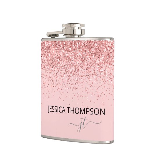 Meisje Glitter Blush Pink Simple Monogram Naam Heupfles (Links)