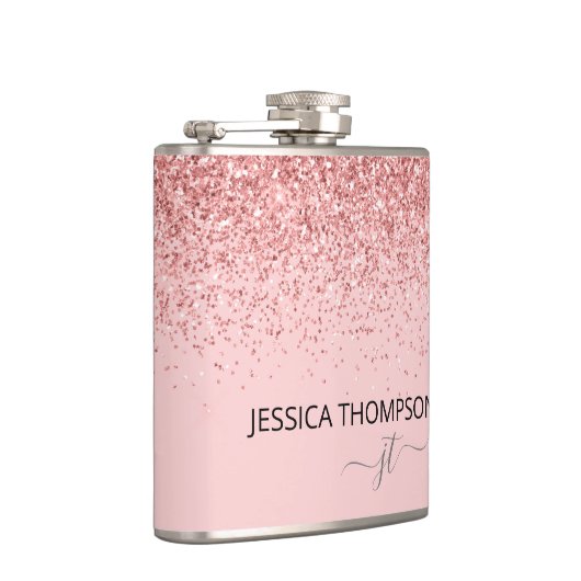 Meisje Glitter Blush Pink Simple Monogram Naam Heupfles (Rechts)