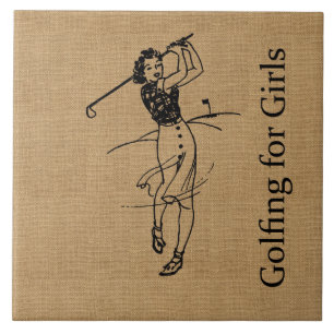  meisje Golfer op Faux Burlap Decoratief Tegeltje
