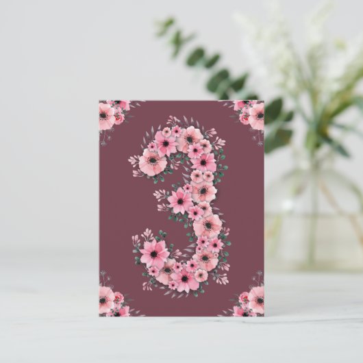 Meisje Grote 3e Verjaardag Roze Bloemen Groen Loof Briefkaart (Staand voorkant)