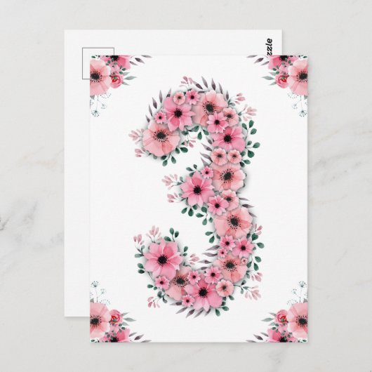 Meisje Grote 3e Verjaardag Roze Bloemen Groen Loof Briefkaart (Voorkant / Achterkant)