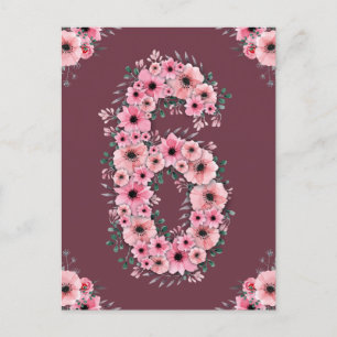 Meisje Grote 6e Verjaardag Roze Bloemen Groen Loof Briefkaart